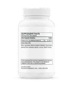 Supplement facts label showing one capsule with 1 mg Vitamin B12 (Methylcobalamin), 41,667% daily value, plus other ingredients and FDA disclaimer.