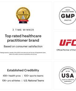 ConsumerLab.com top rated healthcare practitioner brand award with GMP certification, UFC partnership, and manufacturing in the USA using US and imported ingredients.