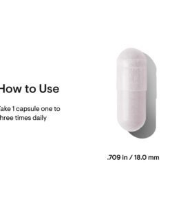 Single white capsule with usage instructions to take one capsule one to three times daily, measuring 0.709 inches or 18 mm.