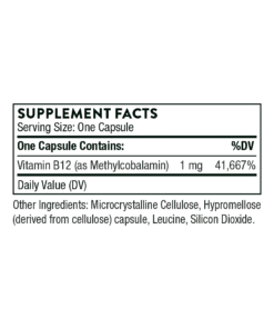 Supplement facts for one capsule containing 1 mg of Vitamin B12 as Methylcobalamin with 41,667% daily value and other ingredients listed.