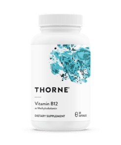 Bottle of Thorne Vitamin B12 dietary supplement containing 60 capsules with blue abstract design on the label.