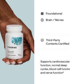 Hand holding a white bottle of Thorne Vitamin B12 dietary supplement with text highlighting brain, nerve support, third-party certification, and health benefits.