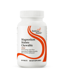 Seeking Health Magnesium Malate Chewable dietary supplement bottle with 100 tablets, sugar-free for sleep, muscles, and mood.