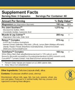 Supplement facts for 3 capsules with magnesium, Pro Joint Soothers, Muscle & Leg Calmer, Relaxe Complex, ExInflame Complex, plus shellfish warning and no GMO.