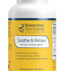 Bottle of Researched Nutritionals Soothe & Relaxx dietary supplement for soft tissue and stress support with 180 capsules