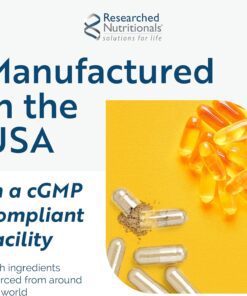 Close-up of transparent capsules with powder inside and orange gel capsules on a yellow background next to text about USA manufacturing compliance.
