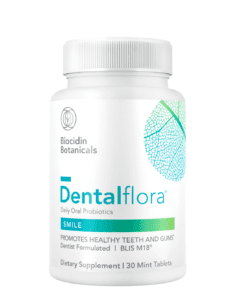 Bottle of Dentalflora Daily Oral Probiotics dietary supplement with 30 mint tablets by Biocidin Botanicals.