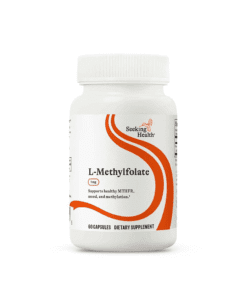 Bottle of Seeking Health L-Methylfolate dietary supplement with 60 capsules and 1 mg dosage label.