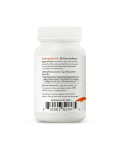 Back label of a white supplement bottle with usage instructions, a disclaimer about FDA evaluation, allergen information, and a barcode.