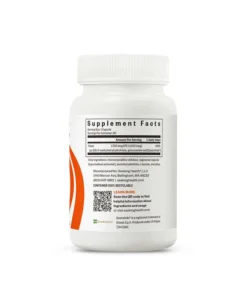 White supplement bottle with label showing supplement facts, folate content, manufacturing details, and a QR code for more information.