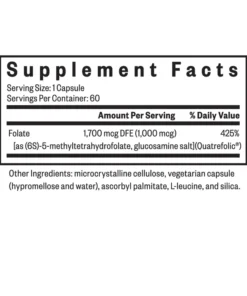 Supplement facts label showing 1 capsule serving with 1700 mcg DFE folate, 425% daily value, plus other ingredients listed.