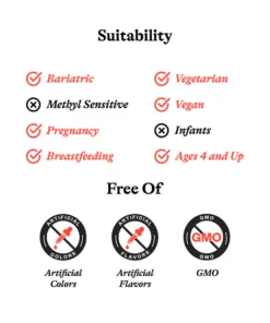 Suitability icons indicate product is safe for bariatric, pregnancy, breastfeeding, vegetarian, vegan, ages 4 and up; not suitable for methyl sensitive or infants; free of artificial colors, artificial flavors, and GMOs.