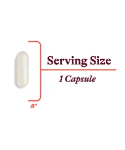 White capsule pill with text indicating serving size as 1 capsule and measurement of 0.6 inches tall in red brackets.