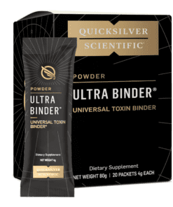 Box and packet of Quicksilver Scientific Ultra Binder universal toxin binder dietary supplement powder, 20 packets per box