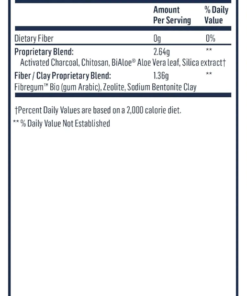 Supplement facts for a 4g serving with 20 servings per container, listing dietary fiber, proprietary blend, and fiber/clay proprietary blend ingredients.
