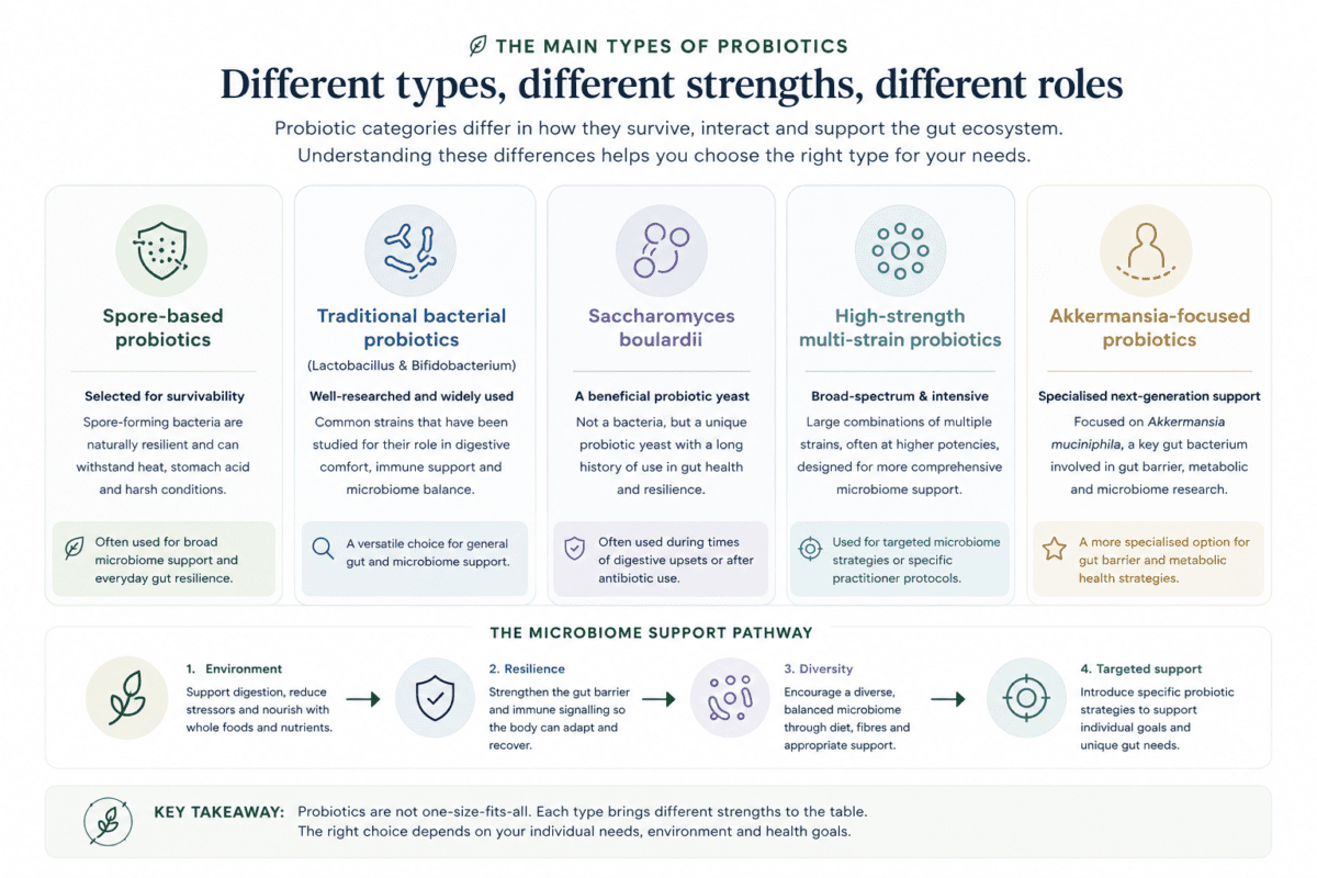 Chart showing five main types of probiotics with their roles: spore-based probiotics, traditional bacterial probiotics, Saccharomyces boulardii, high-strength multi-strain probiotics, and Akkermansia-focused probiotics, plus a microbiome support pathway from environment to targeted support.