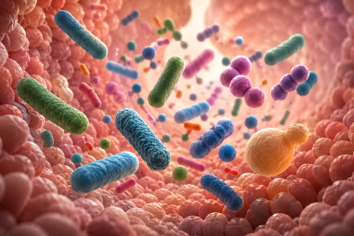 Colorful 3D bacteria and microbes floating inside a textured biological tunnel or intestinal tract environment.