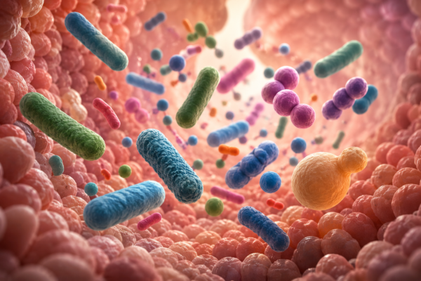 Colorful 3D bacteria and microbes floating inside a textured biological tunnel or intestinal tract environment.
