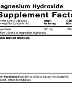 Supplement facts for magnesium hydroxide showing 266 mg magnesium per 2 capsules, with 63% daily value and plant-derived capsule ingredients.