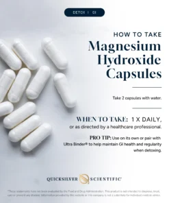 White capsules scattered on a light background with text instructions on how to take magnesium hydroxide capsules for detox and GI health.