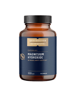 Brown bottle with a black cap labeled Quicksilver Scientific Magnesium Hydroxide dietary supplement containing 120 capsules for GI regularity support.