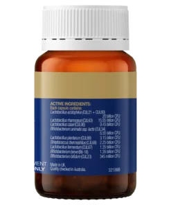 Amber probiotic supplement bottle with a white cap and label listing active bacterial cultures and CFU amounts