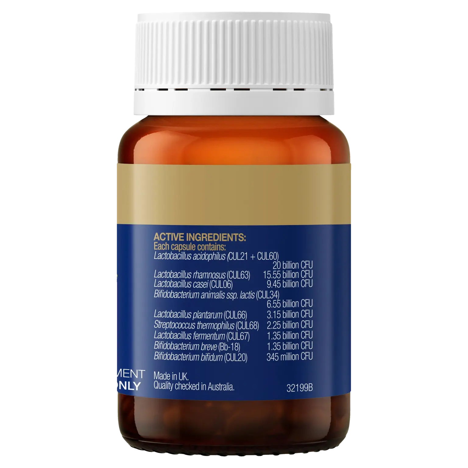 Amber probiotic supplement bottle with a white cap and label listing active bacterial cultures and CFU amounts