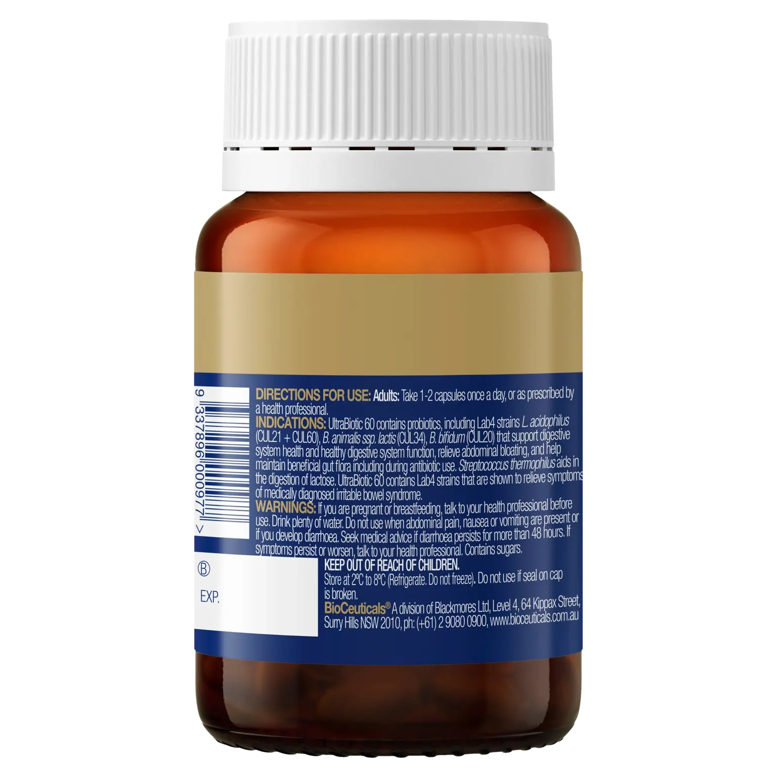 Bottle of UltraBiotic 60 probiotic capsules with a white cap and blue-and-gold label