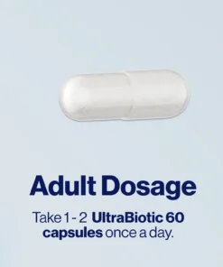 White capsule with text: Adult Dosage—take 1–2 UltraBiotic 60 capsules once a day