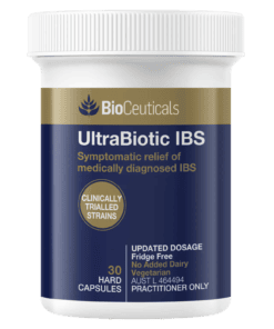 BioCeuticals UltraBiotic IBS probiotic supplement bottle with 30 hard capsules and practitioner-only labeling