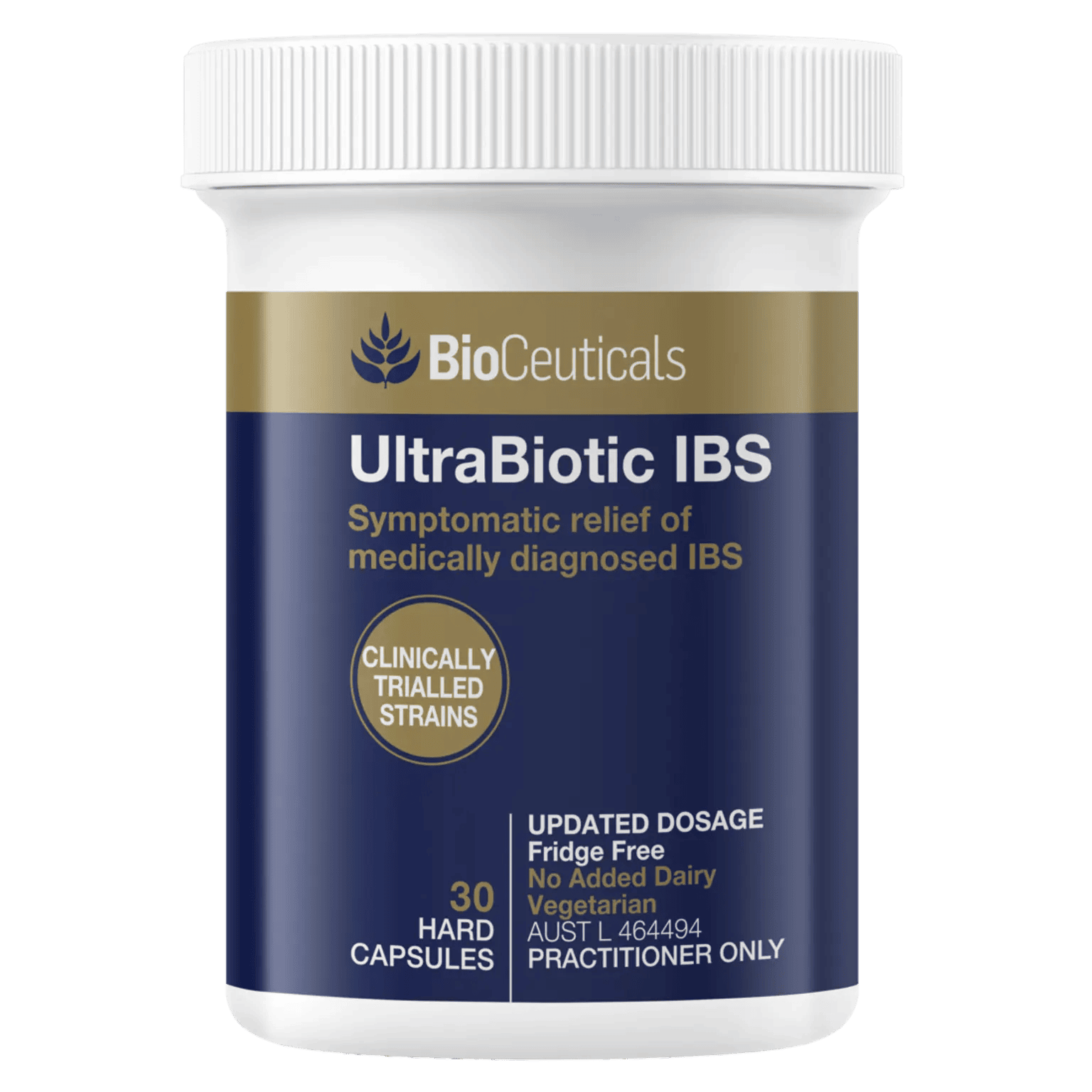 BioCeuticals UltraBiotic IBS probiotic supplement bottle with 30 hard capsules and practitioner-only labeling