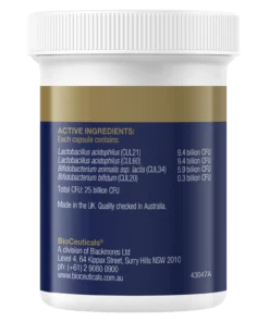 White probiotic supplement bottle labeled with active ingredients and 25 billion CFU total, made by BioCeuticals