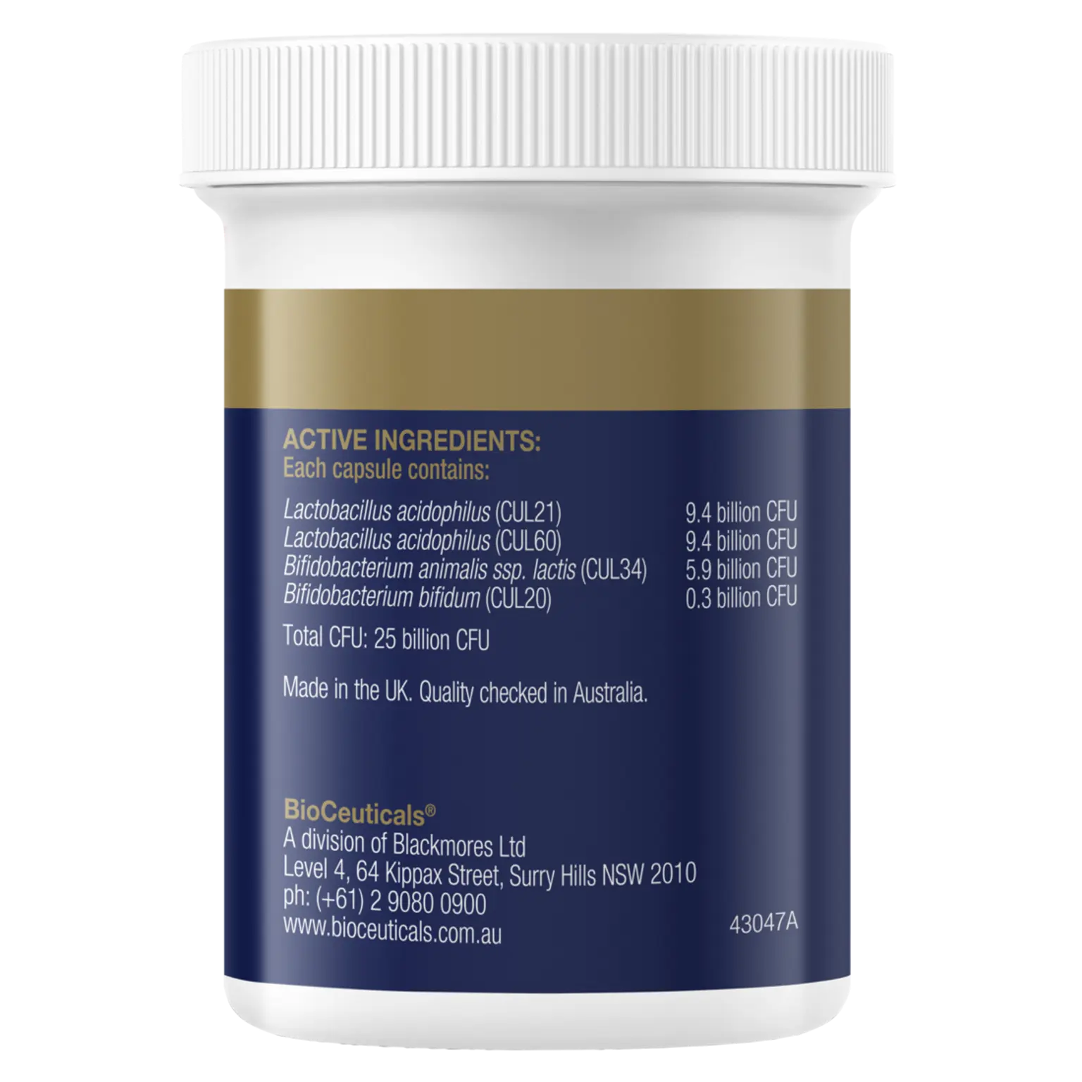 White probiotic supplement bottle labeled with active ingredients and 25 billion CFU total, made by BioCeuticals