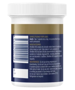 UltraBiotic IBS probiotic supplement bottle showing directions, indications, warnings, and barcode on the label