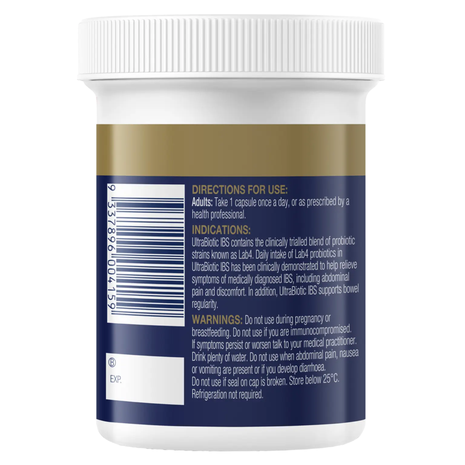 UltraBiotic IBS probiotic supplement bottle showing directions, indications, warnings, and barcode on the label