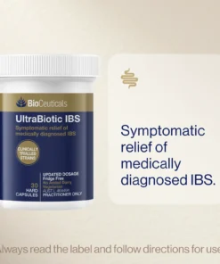 BioCeuticals UltraBiotic IBS capsules with text promoting symptomatic relief of medically diagnosed IBS