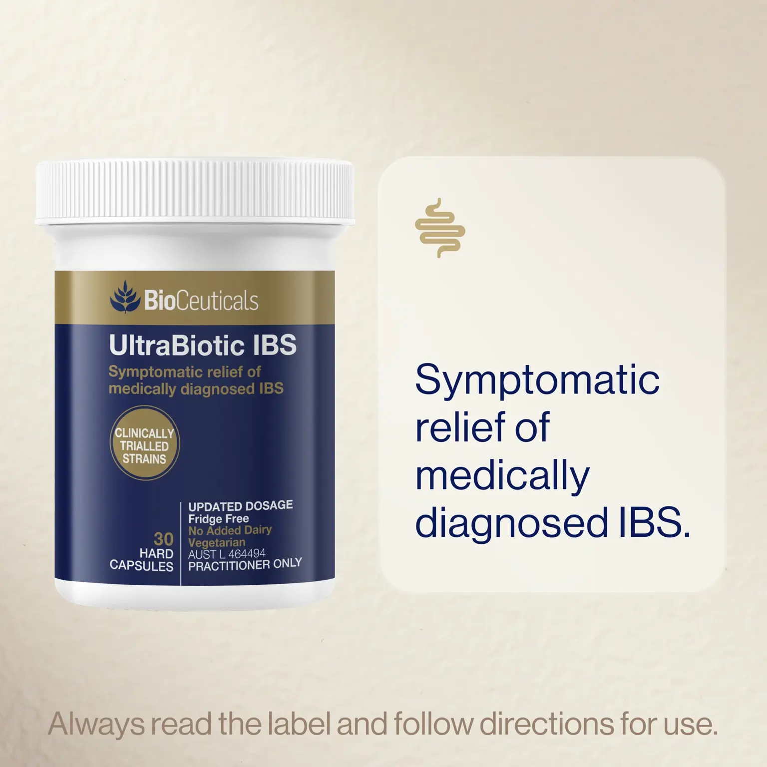 BioCeuticals UltraBiotic IBS capsules with text promoting symptomatic relief of medically diagnosed IBS