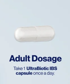 White capsule with text: “Adult Dosage—Take 1 UltraBiotic IBS capsule once a day.”