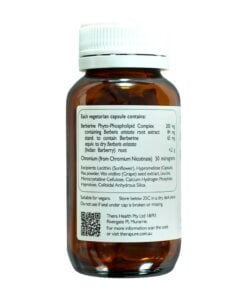 Amber supplement bottle labeled Berberine Phyto-Phospholipid Complex with chromium, white cap, and vegetarian capsule information