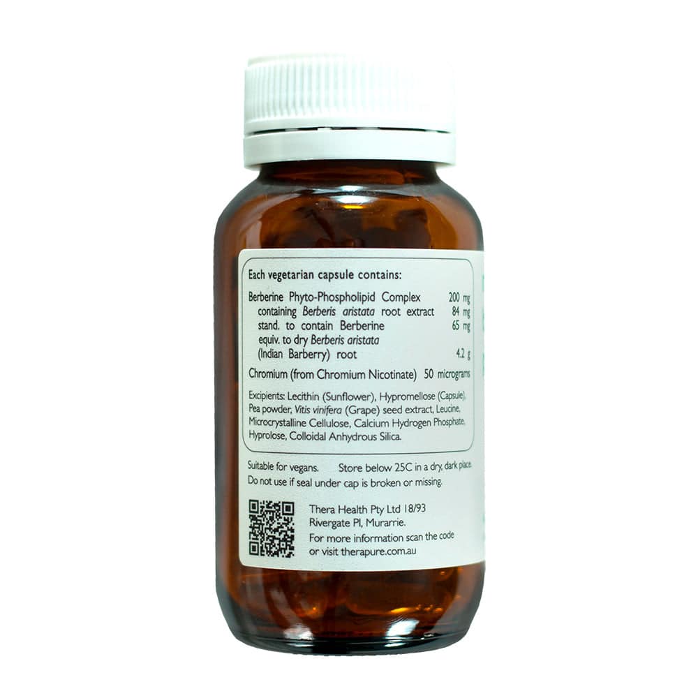 Amber supplement bottle labeled Berberine Phyto-Phospholipid Complex with chromium, white cap, and vegetarian capsule information