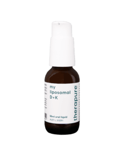 Brown bottle of Therapure my liposomal D + K oral liquid with a white pump dispenser