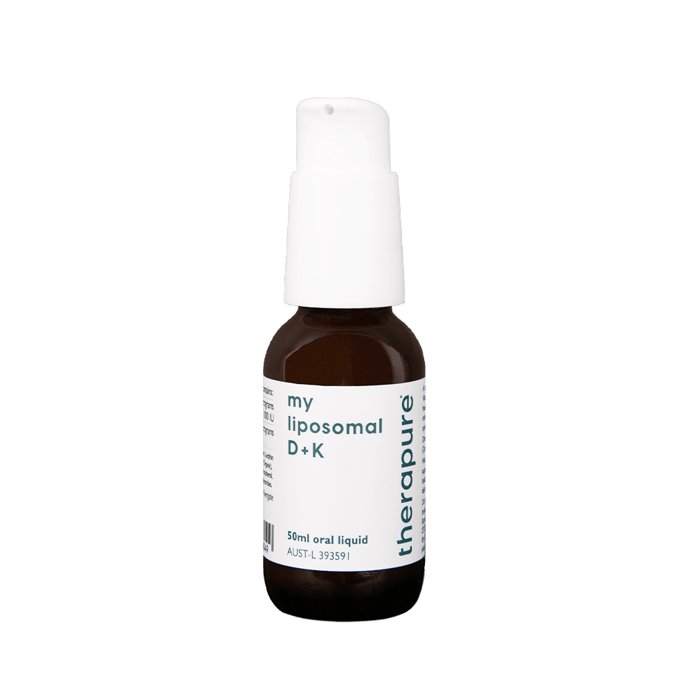 Brown bottle of Therapure my liposomal D + K oral liquid with a white pump dispenser