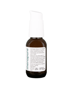 Brown supplement bottle with a white pump dispenser, labeled as a Vitamin D3 and K2 blend