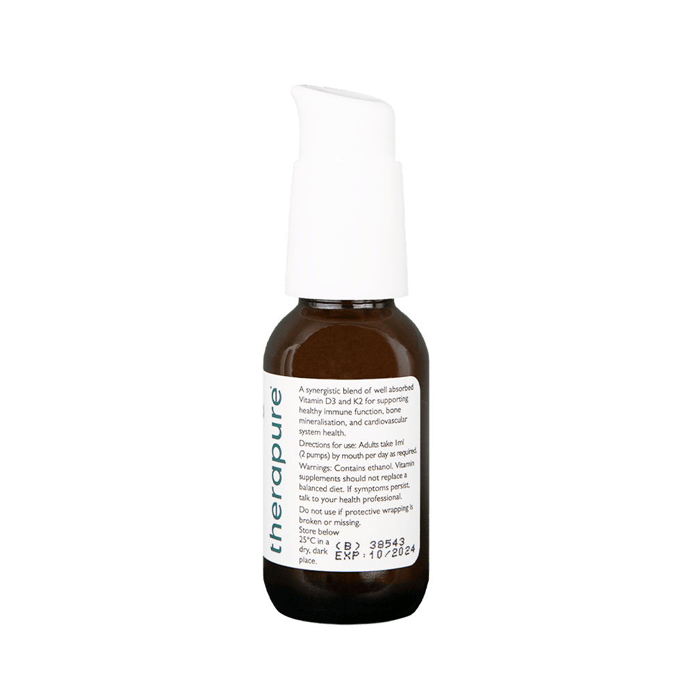 Brown supplement bottle with a white pump dispenser, labeled as a Vitamin D3 and K2 blend