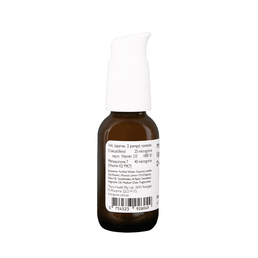 Amber supplement bottle with a white pump dispenser; label lists vitamin D3 and vitamin K2
