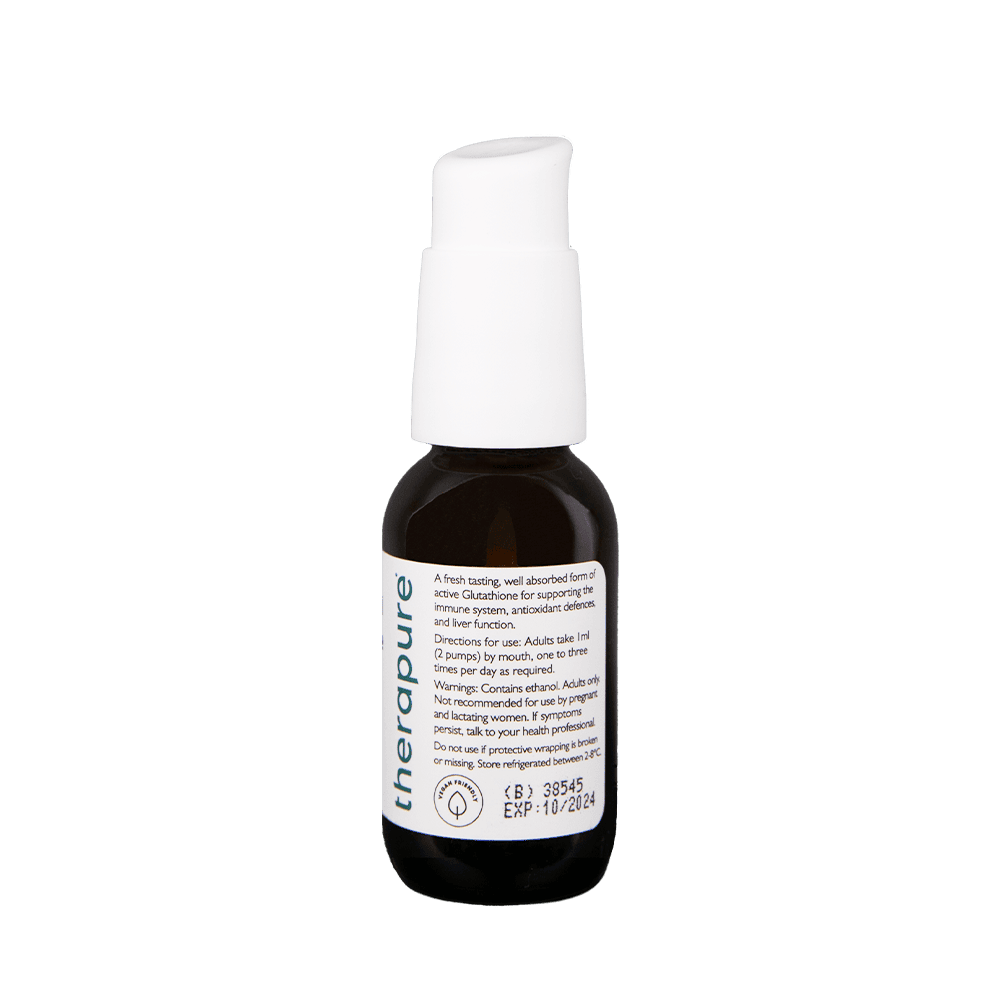 Brown glass dropper bottle labeled Therapure, containing a liquid glutathione supplement