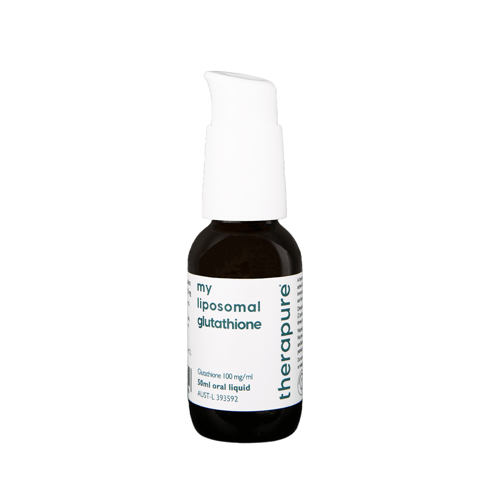 Bottle of Therapure my liposomal glutathione, 50 mL oral liquid, with a white pump dispenser