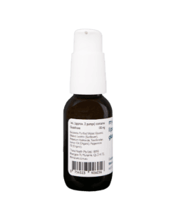 Brown glass pump bottle of glutathione solution with a white cap and ingredient label
