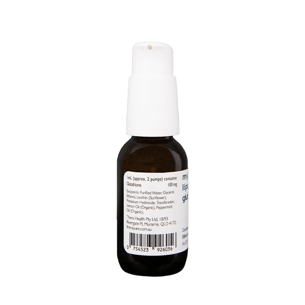 Brown glass pump bottle of glutathione solution with a white cap and ingredient label