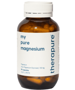 Amber bottle of Theerapure My Pure Magnesium capsules, labeled magnesium glycinate 150 mg and 90 capsules